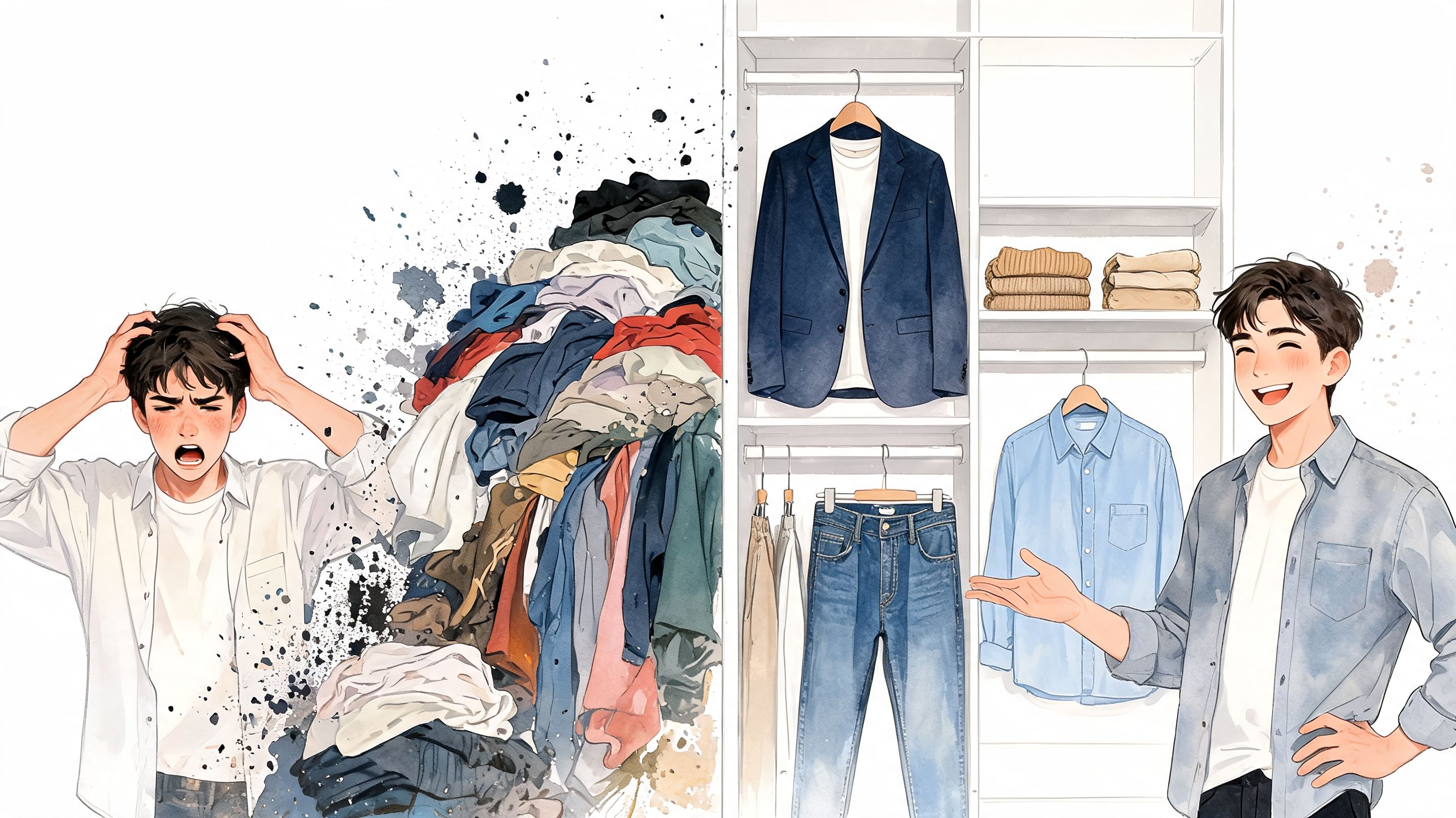 A split image contrasting a man stressed by a messy pile of clothes with a happy, organized man.