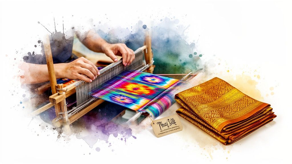 Hands weaving vibrant Thai silk fabric on a loom next to a folded golden silk textile and a Thai silk tag.