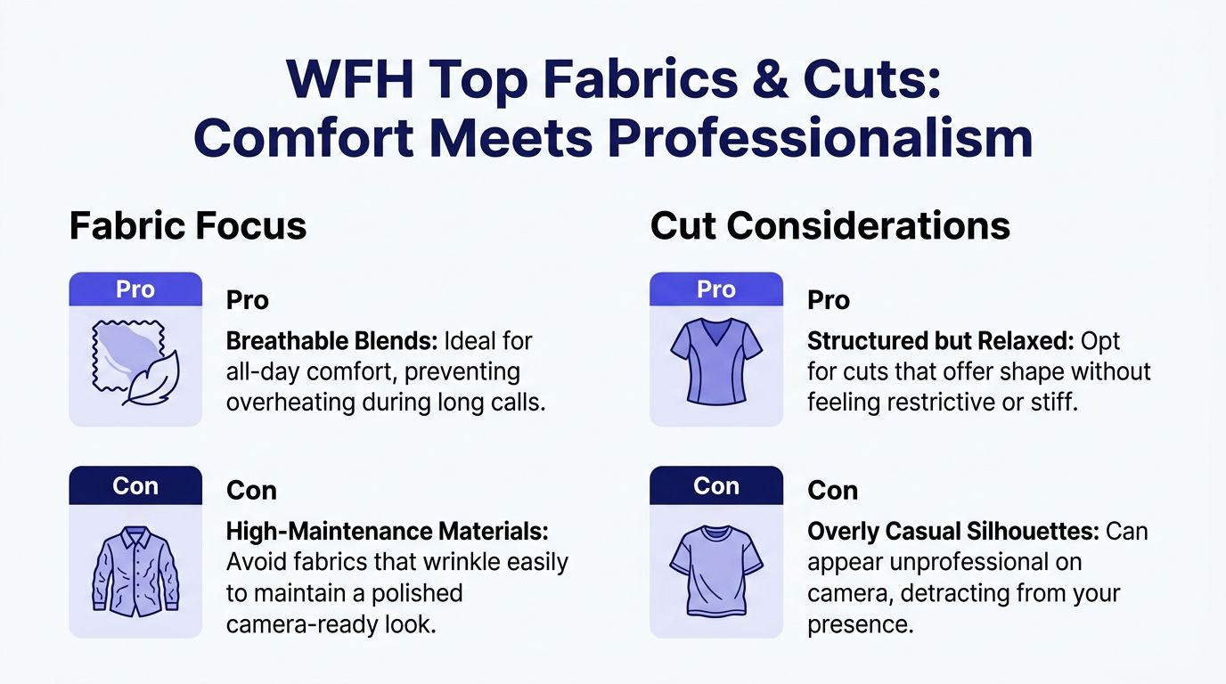 A graphic showing professional advice on selecting comfortable yet polished work from home top fabrics and cuts.