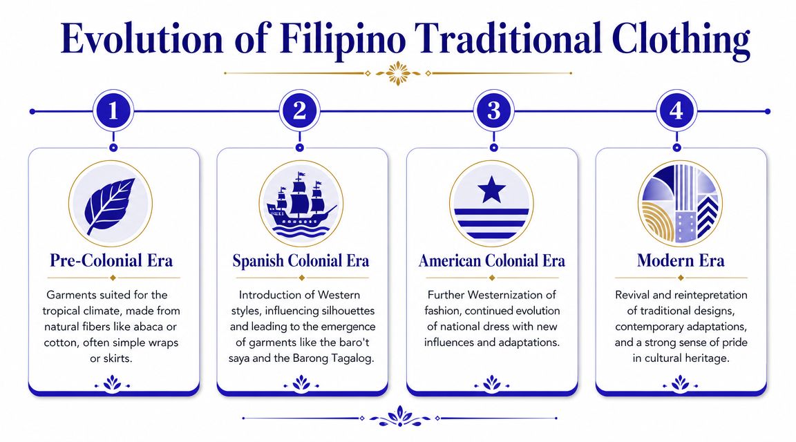 A timeline chart titled Evolution of Filipino Traditional Clothing showing four historical eras with descriptions.