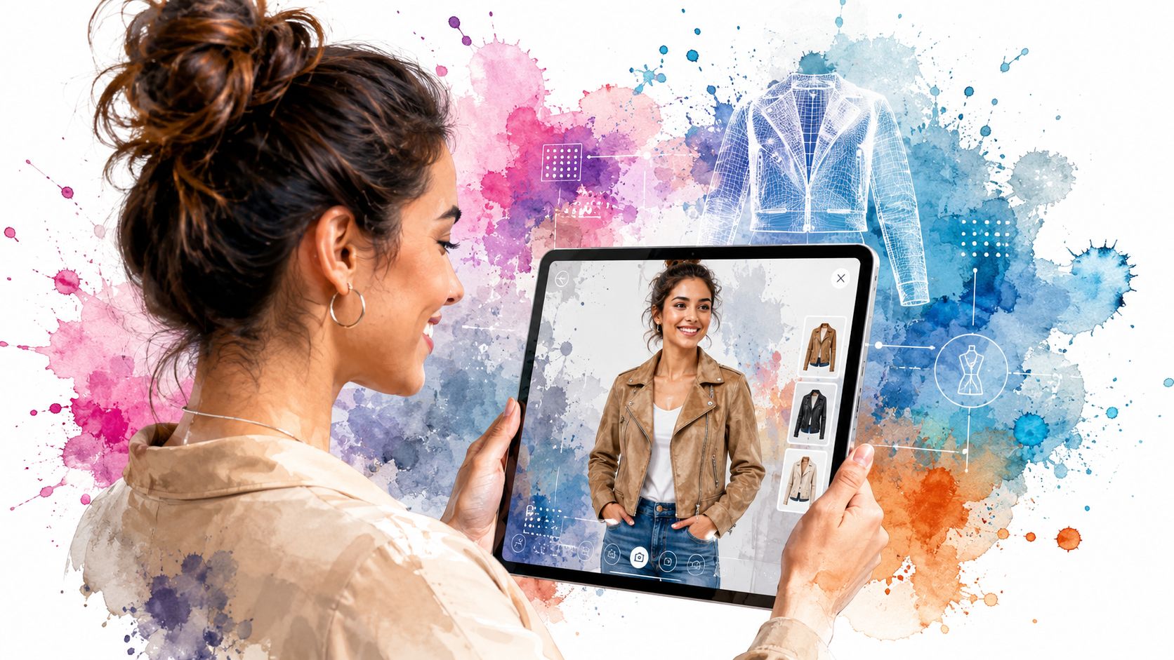 A woman uses a tablet for virtual fashion styling with a digital interface showing jacket options.