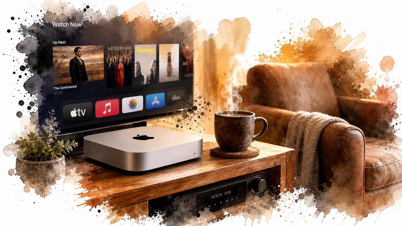 A modern silver Mac mini desktop computer displayed on a rustic wooden table next to a steaming mug.