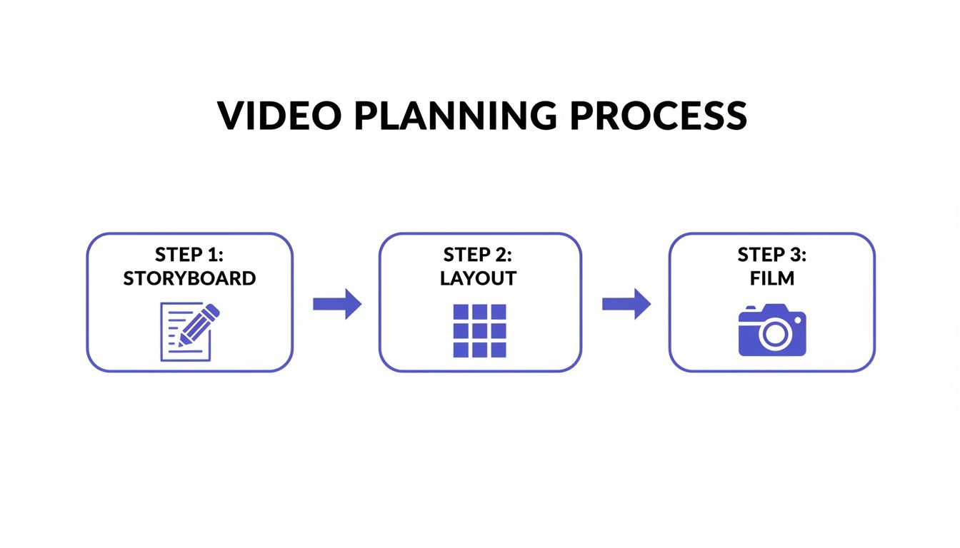 Infographic showing the three-step video planning process: storyboard, layout, and film production.