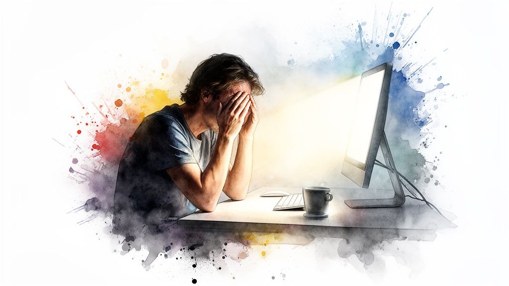 Watercolor art of a person covering their eyes from a bright computer screen, indicating eye strain.