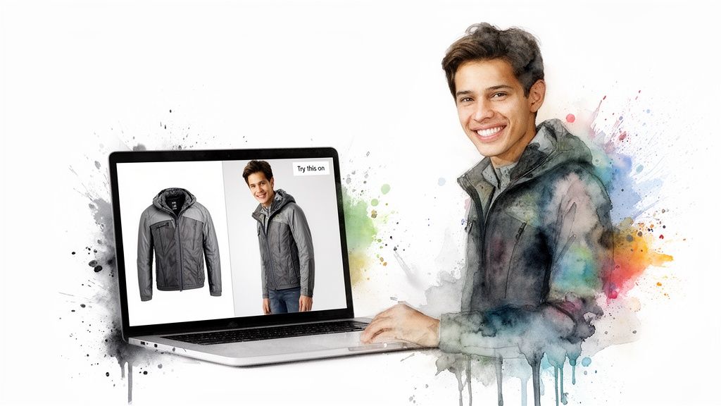 A smiling man uses a laptop to virtually try on a jacket, rendered in a colorful watercolor style.