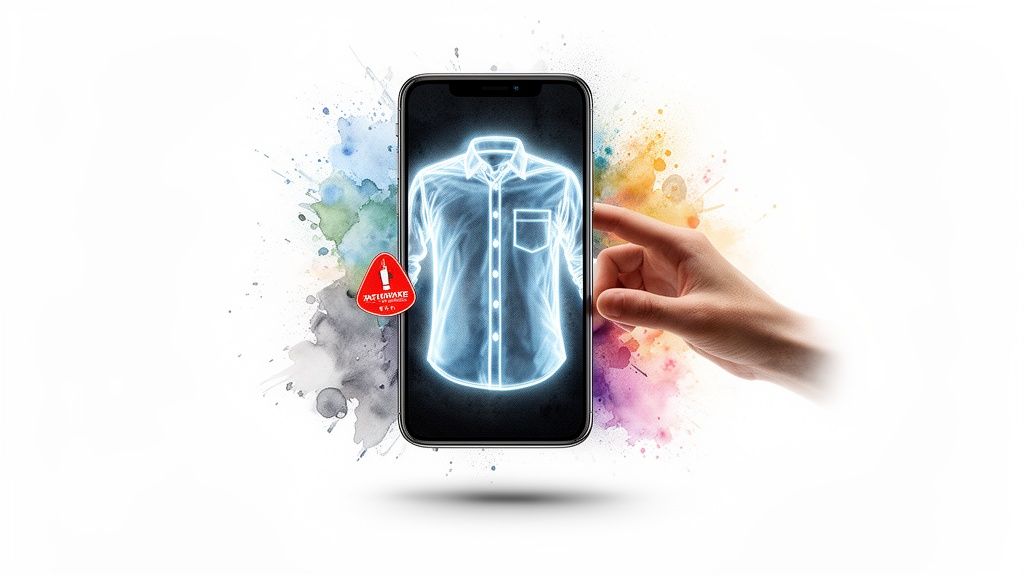 A hand interacts with a smartphone showing a glowing X-ray shirt, with watercolor splashes.