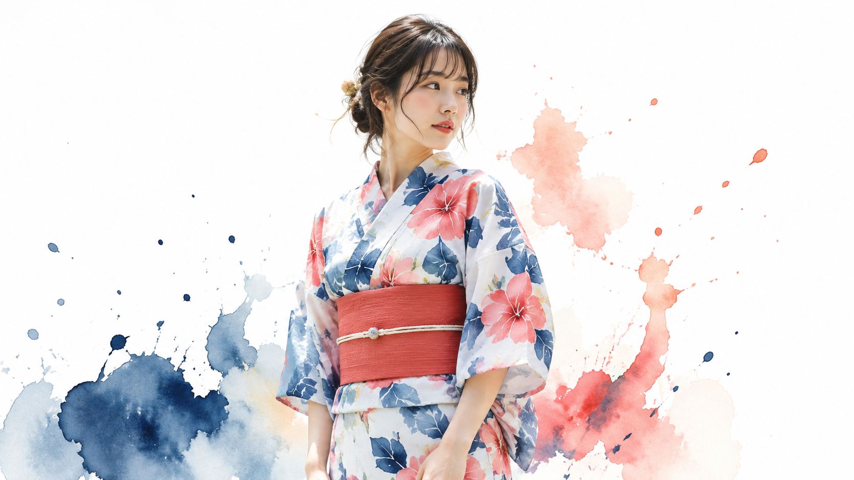 A beautiful young Japanese woman wearing a traditional floral patterned yukata with a bright red sash.