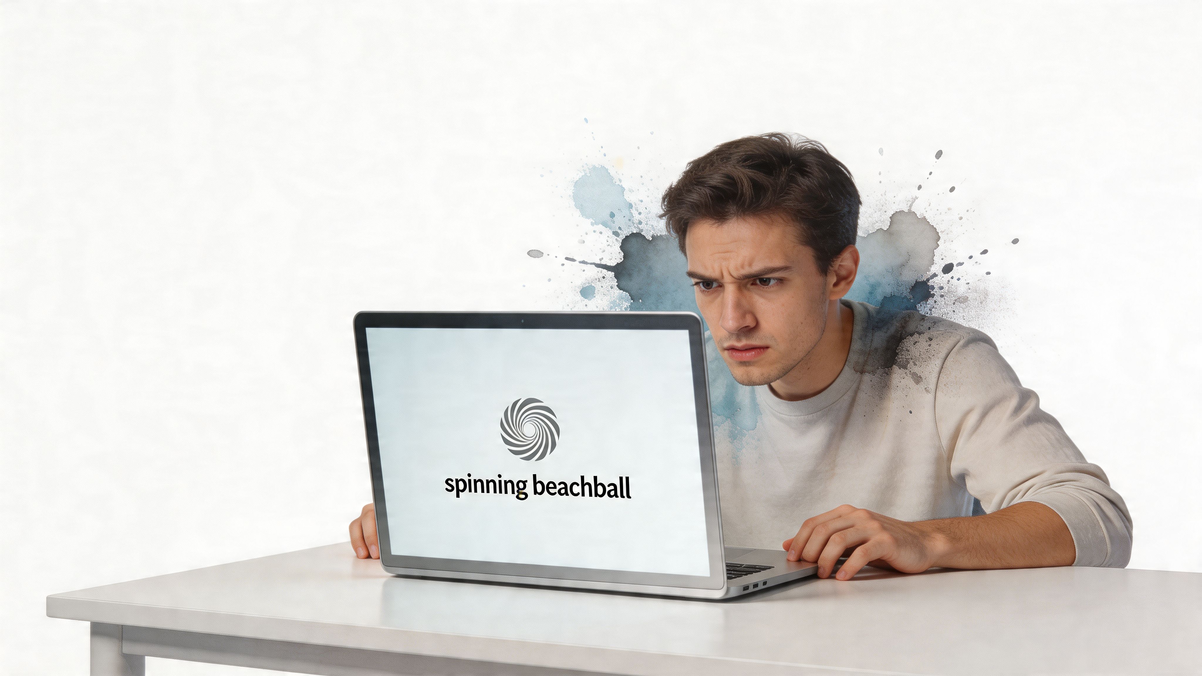 A frustrated man staring at a computer screen displaying a spinning beachball loading icon.