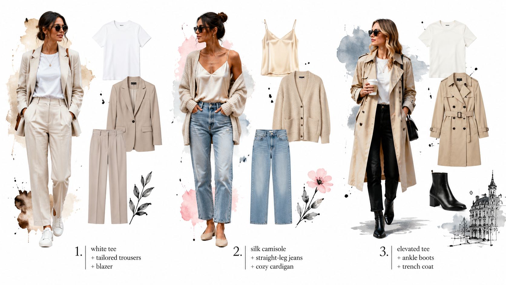 Three different stylish outfits featuring elevated basics like neutral blazers, silk camisoles, and classic trench coats.