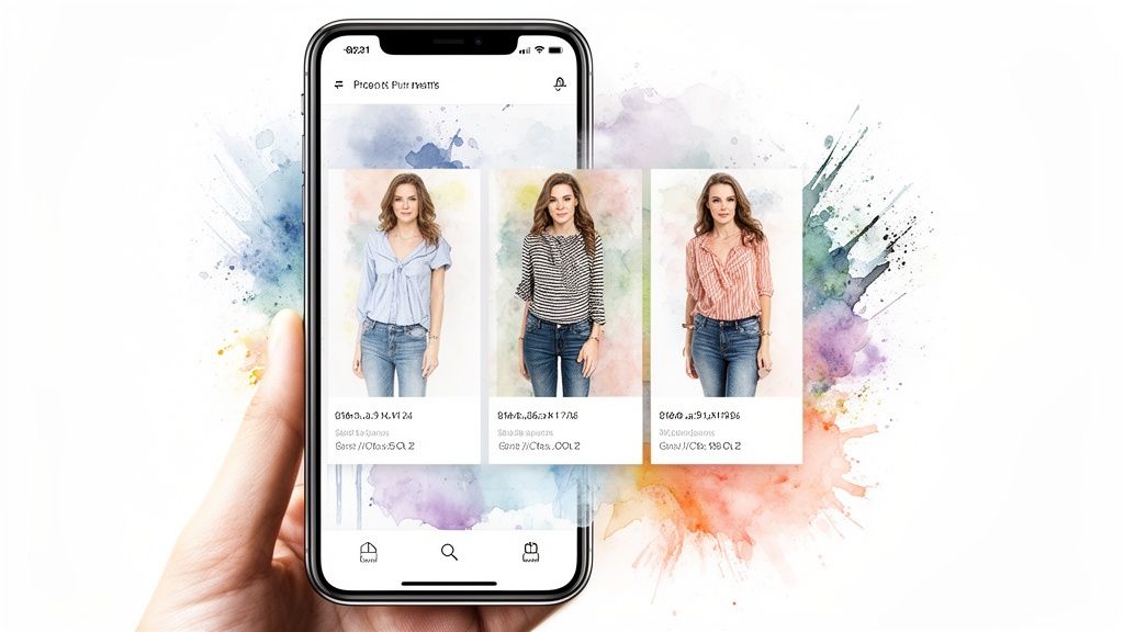 A hand holds a smartphone displaying a fashion e-commerce app with three models showcasing different outfits.