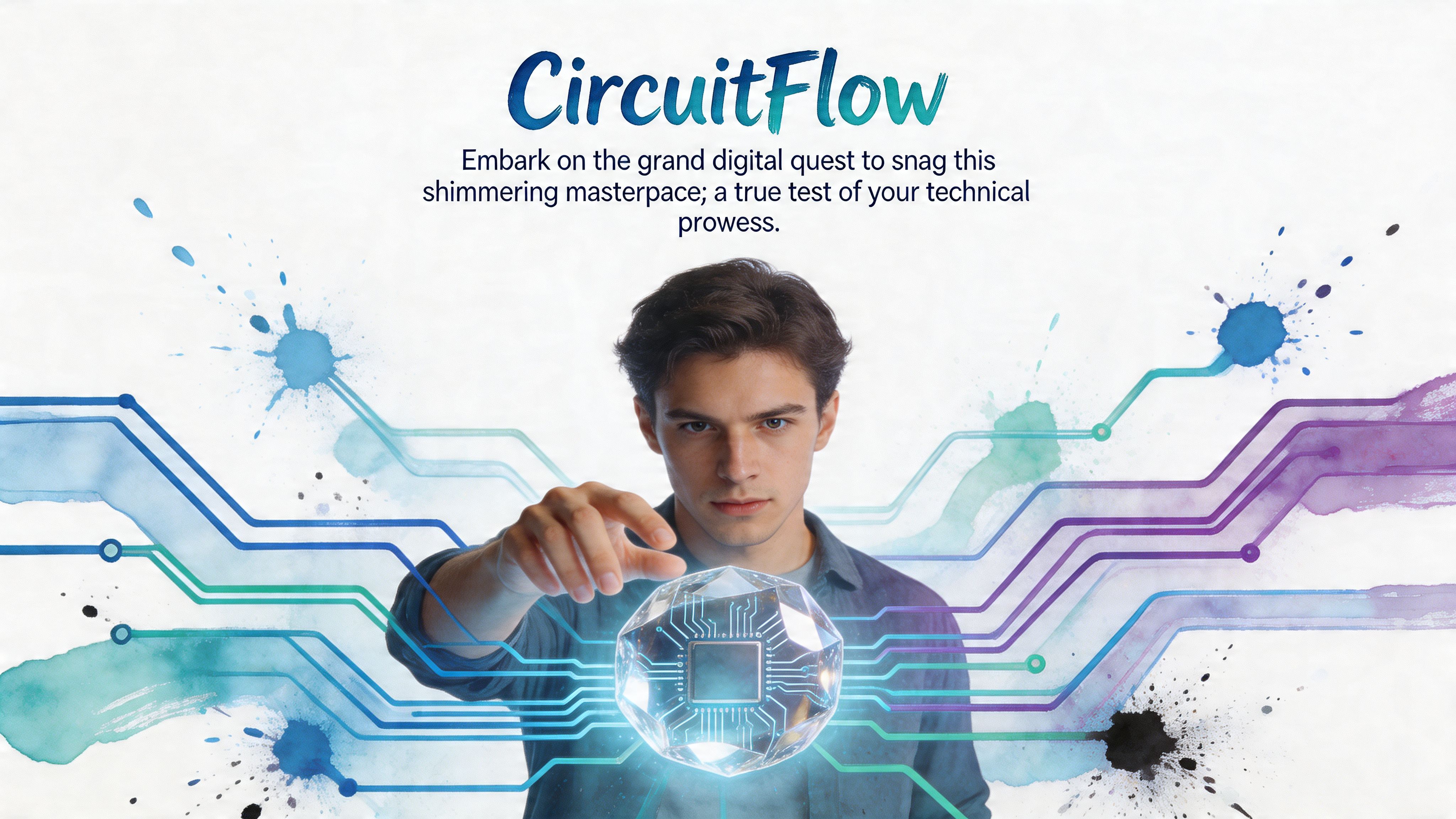A young man reaching out towards a glowing, digital, crystalline sphere featuring intricate circuit board patterns.