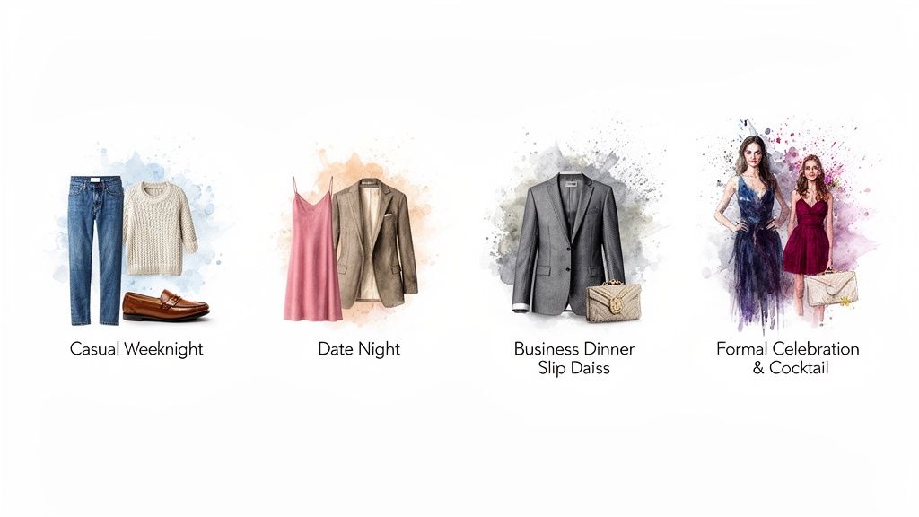 Four distinct outfit ideas for different social occasions, including casual, date night, business, and formal events.