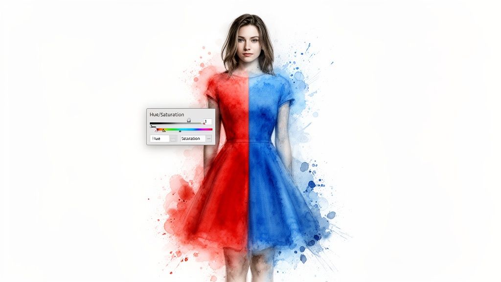 A woman in a dress, split red and blue, with a Photoshop Hue/Saturation panel showing color adjustment.
