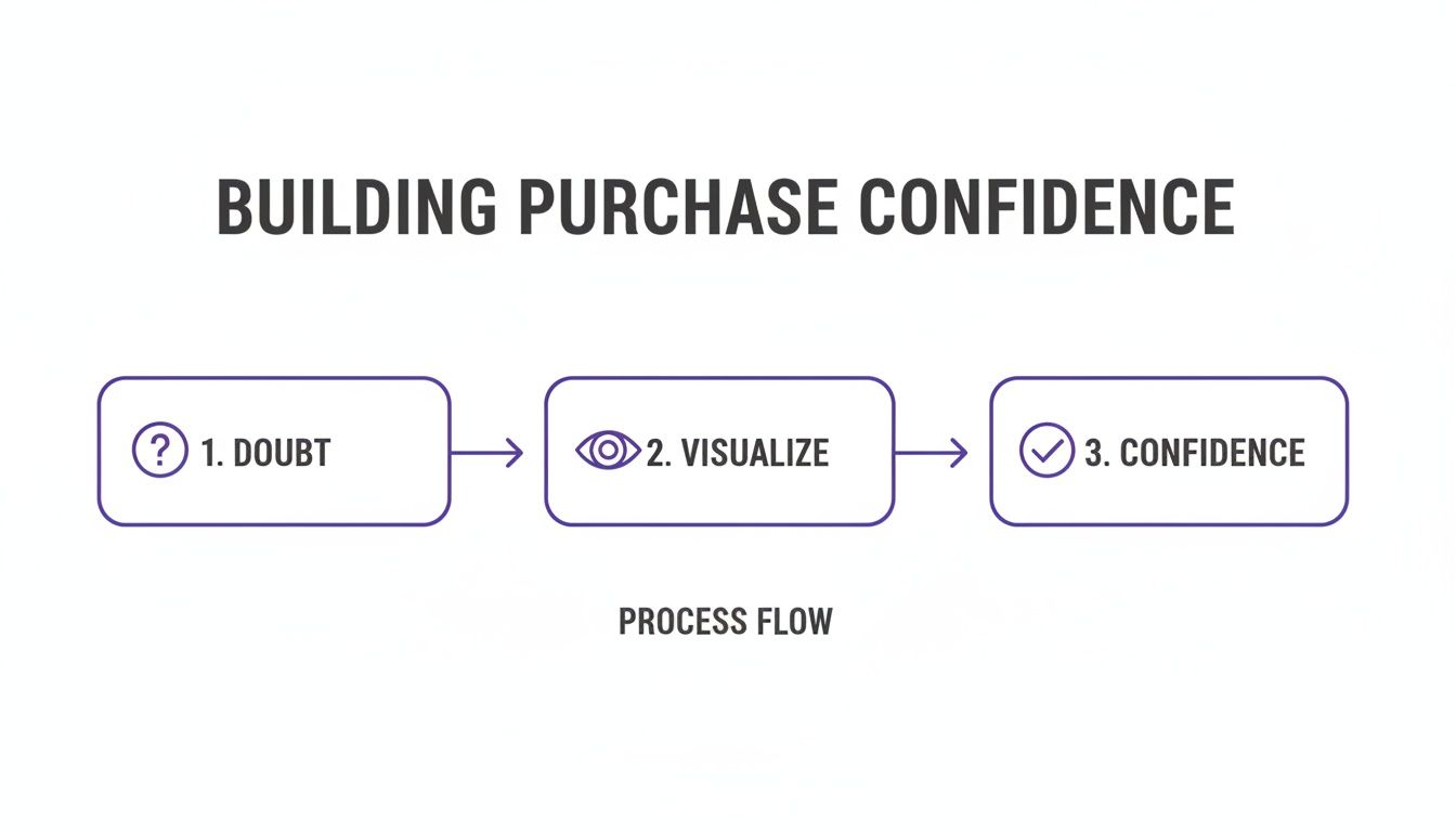 A three-step process flow illustrating how to build purchase confidence from doubt.