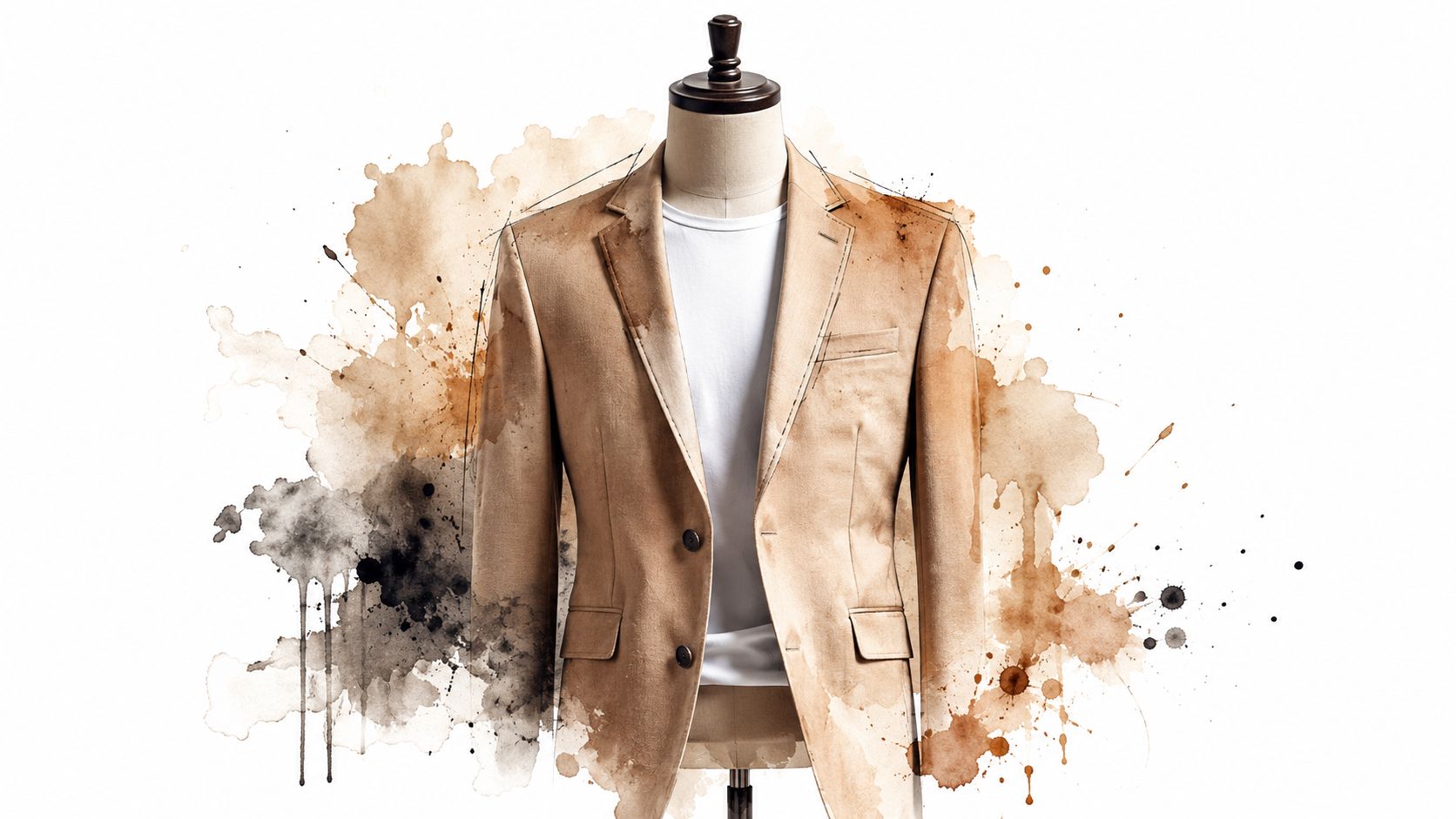 A tan blazer styled with a white t-shirt on a mannequin against an abstract watercolor background.