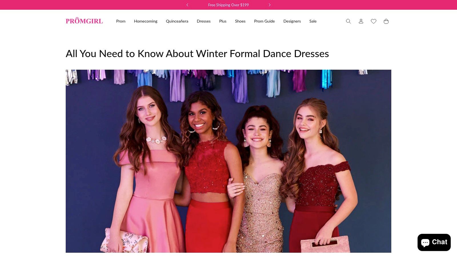 PromGirl website screenshot showing winter formal dresses