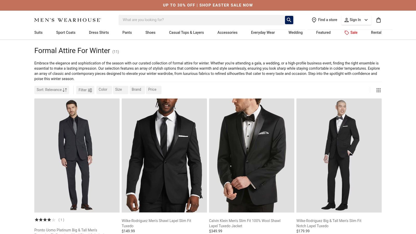 Men’s Wearhouse website showing winter formal suits for men