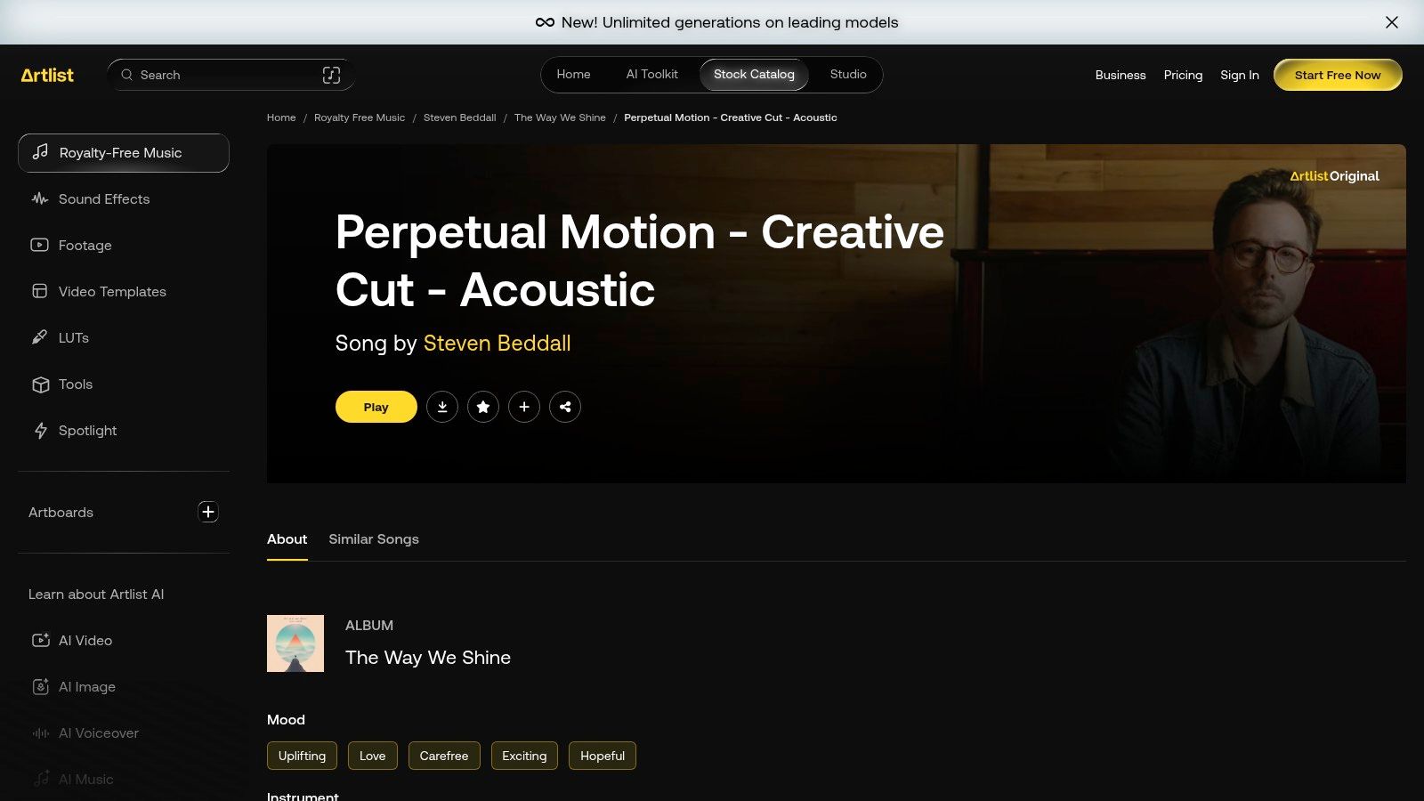 Artlist – Acoustic Pop tracks (royalty-free for creators)