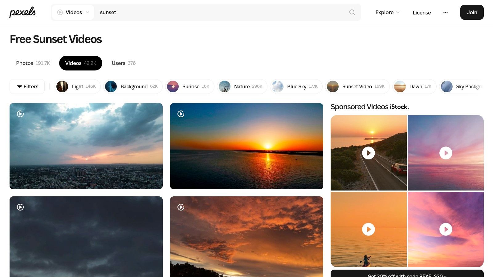 Pexels Videos – "Sunset" collections (stock video, free)
