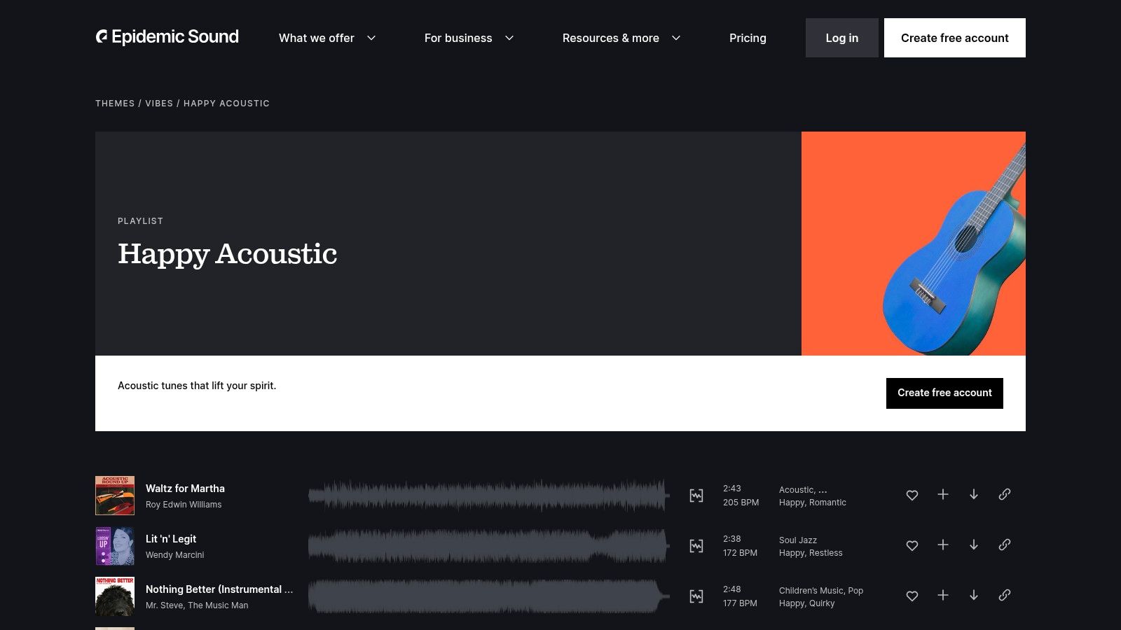 Epidemic Sound – Acoustic/Pop collections (royalty-free for creators)