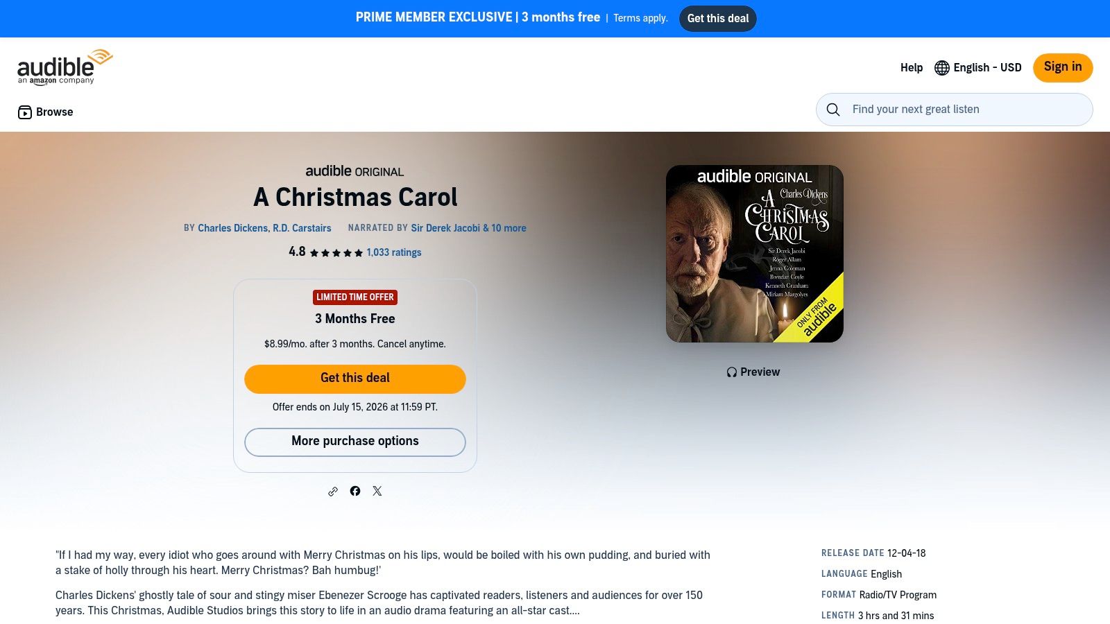A Christmas Carol (Audible Original 2016, full-cast drama)