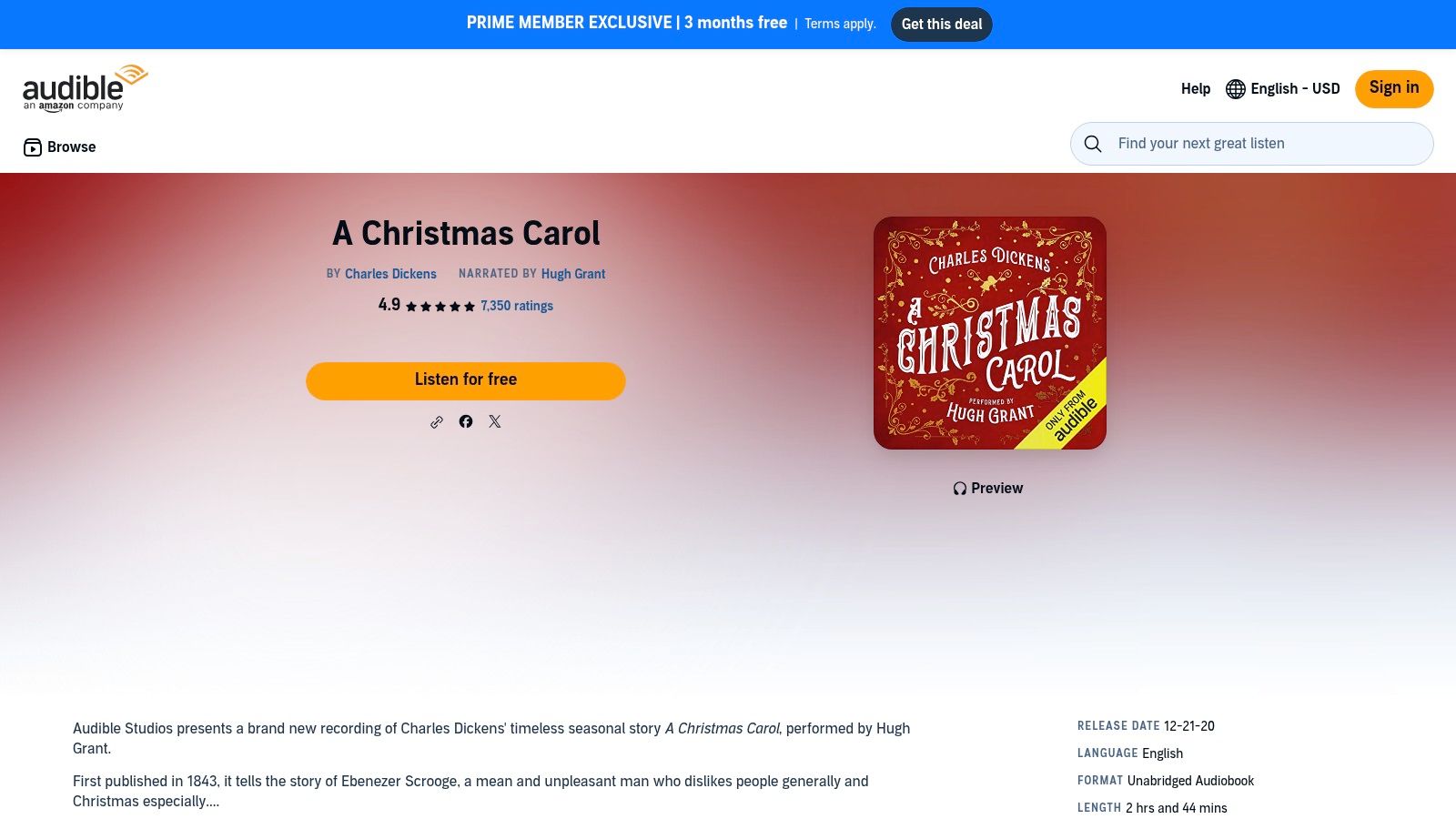 A Christmas Carol (Hugh Grant, Audible Studios 2020)