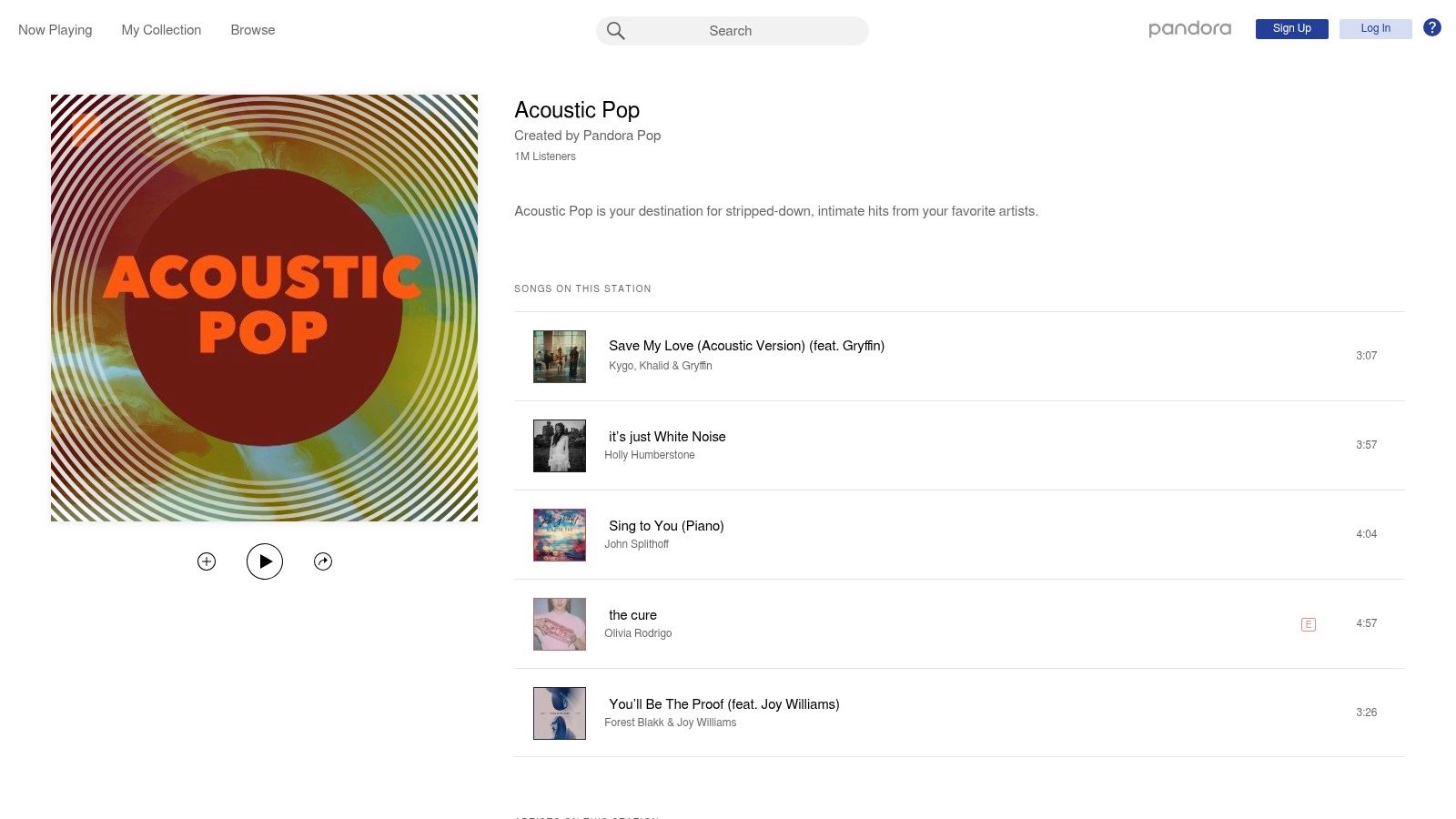 Pandora – "Acoustic Pop" (genre station)