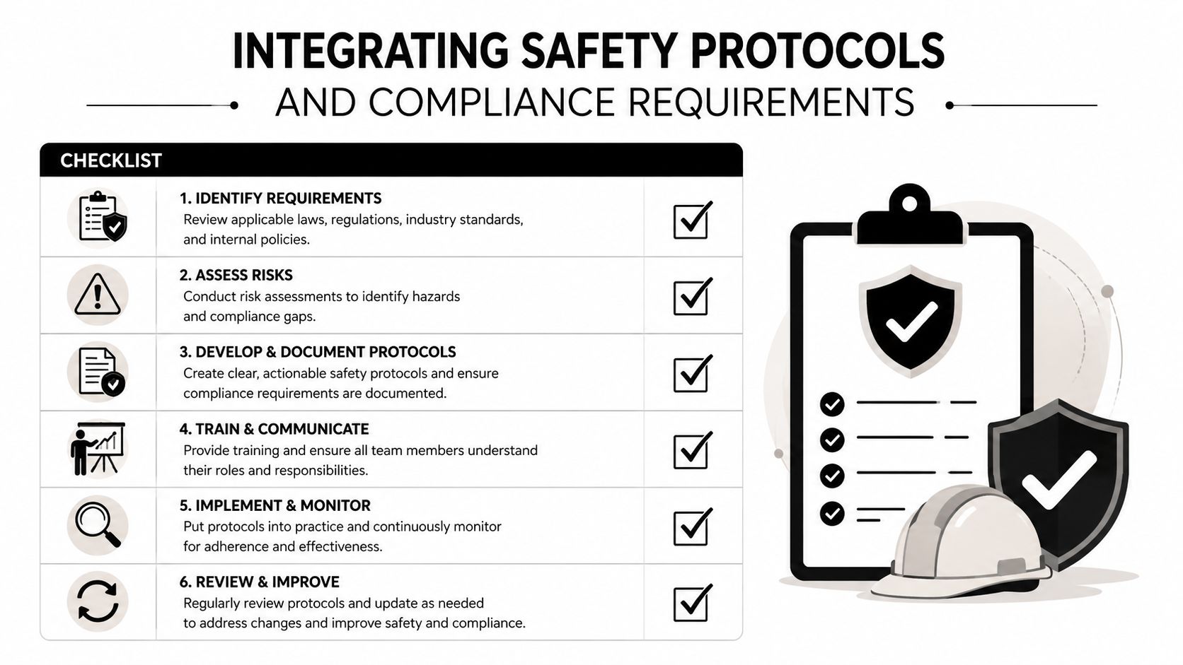 A checklist for integrating safety protocols and compliance requirements featuring icons and professional steps.