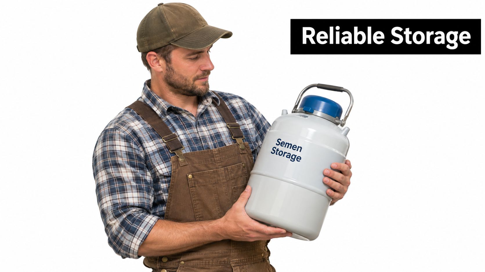 A farmer wearing overalls and a cap holding a white cryogenic tank labeled semen storage.