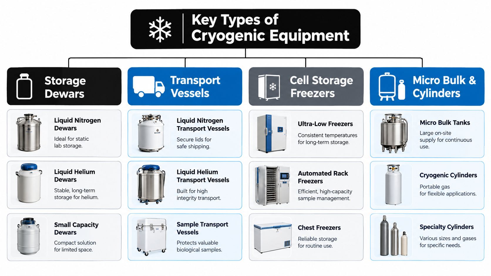 An infographic chart displaying four main categories of cryogenic equipment including storage dewars, transport vessels, freezers, and cylinders.