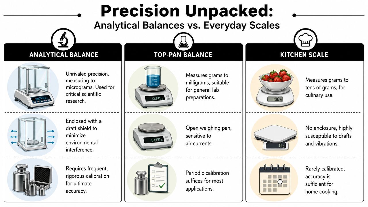 A comparison chart showing differences between analytical balances, top-pan balances, and everyday kitchen scales.