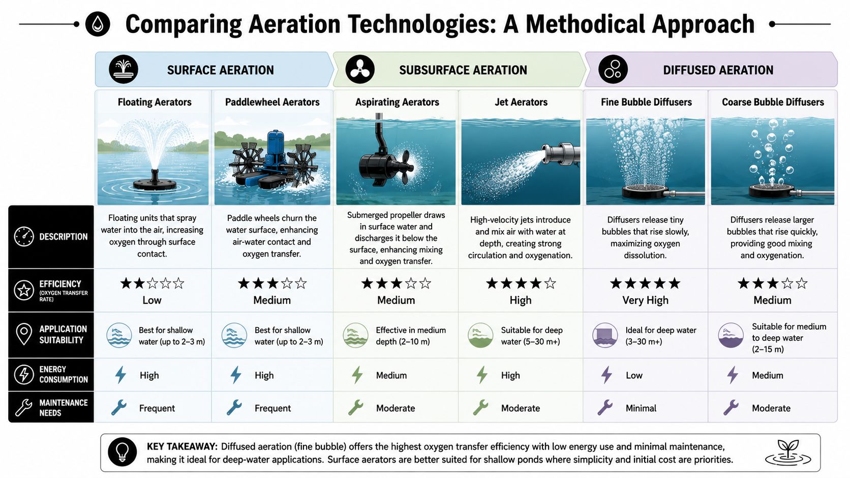 A comprehensive comparison chart detailing different water aeration technologies including surface, subsurface, and diffused aeration systems.