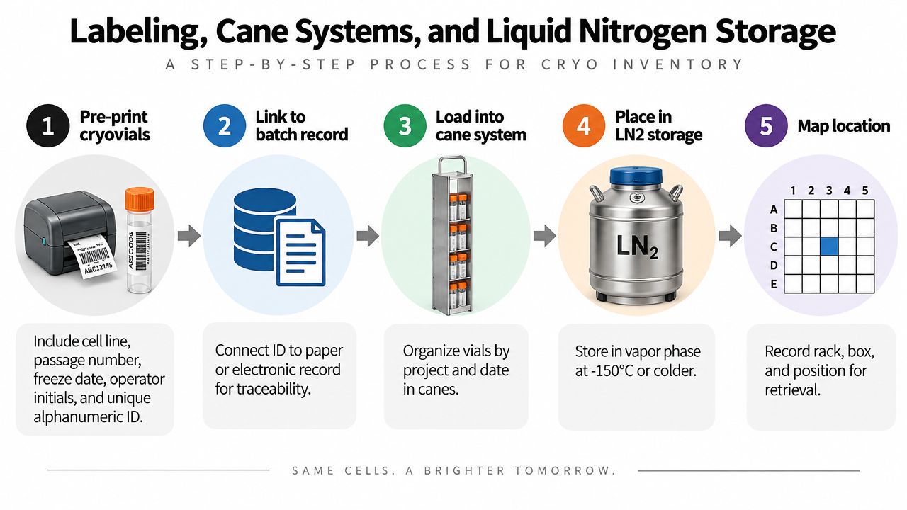 A five-step infographic showing the process for cryo inventory labeling, cane systems, and liquid nitrogen storage.