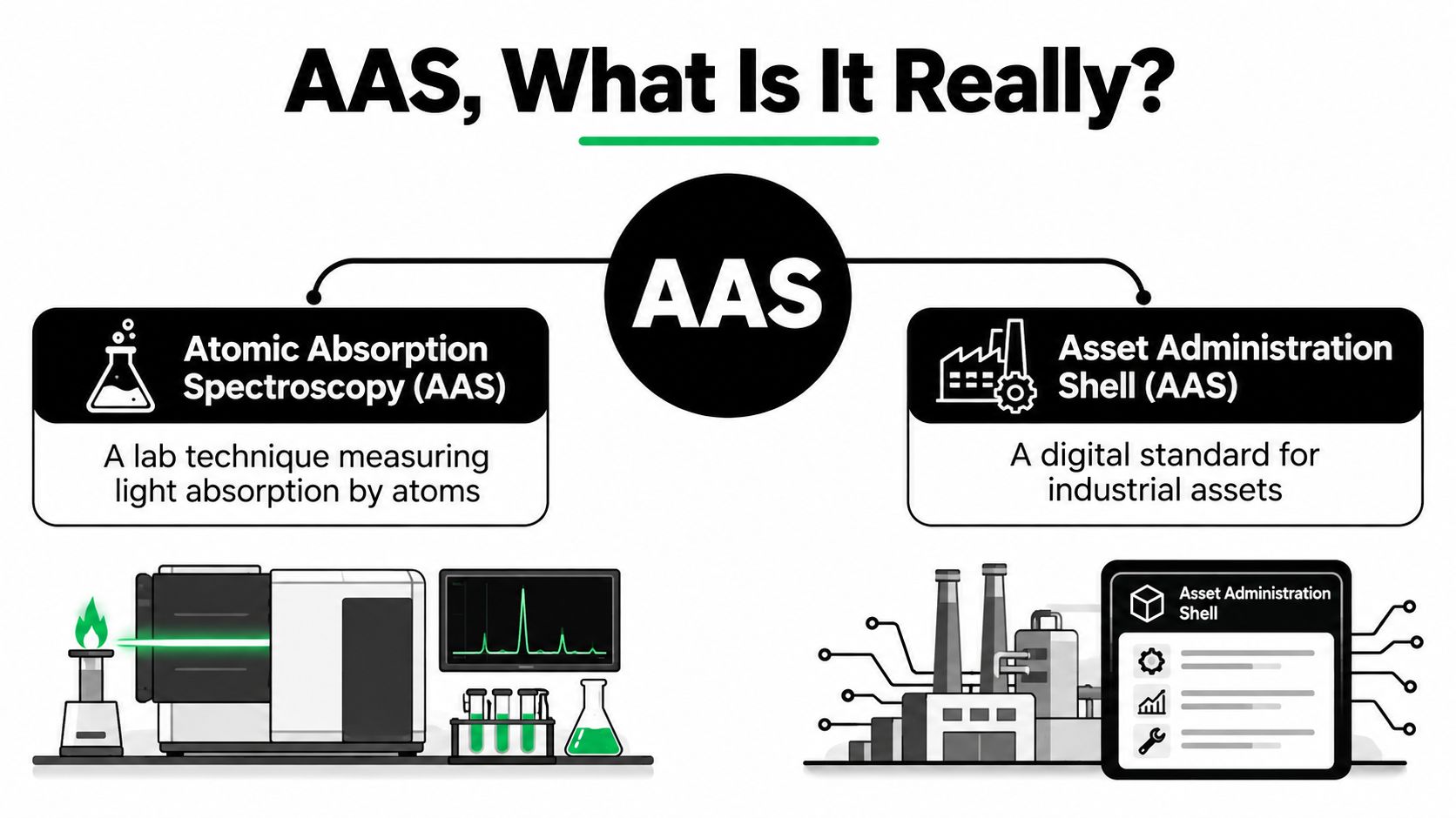 An infographic showing two definitions for the abbreviation AAS, Atomic Absorption Spectroscopy and Asset Administration Shell.