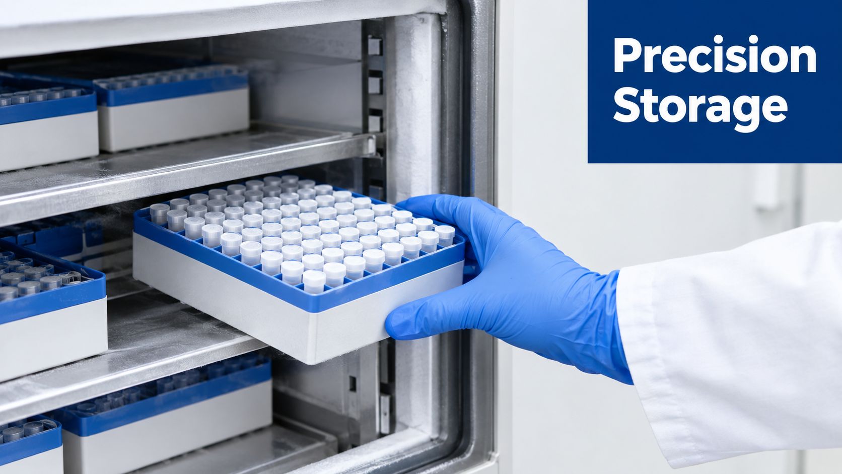 A person in blue gloves pulling a cell freezing box from a scientific laboratory freezer.