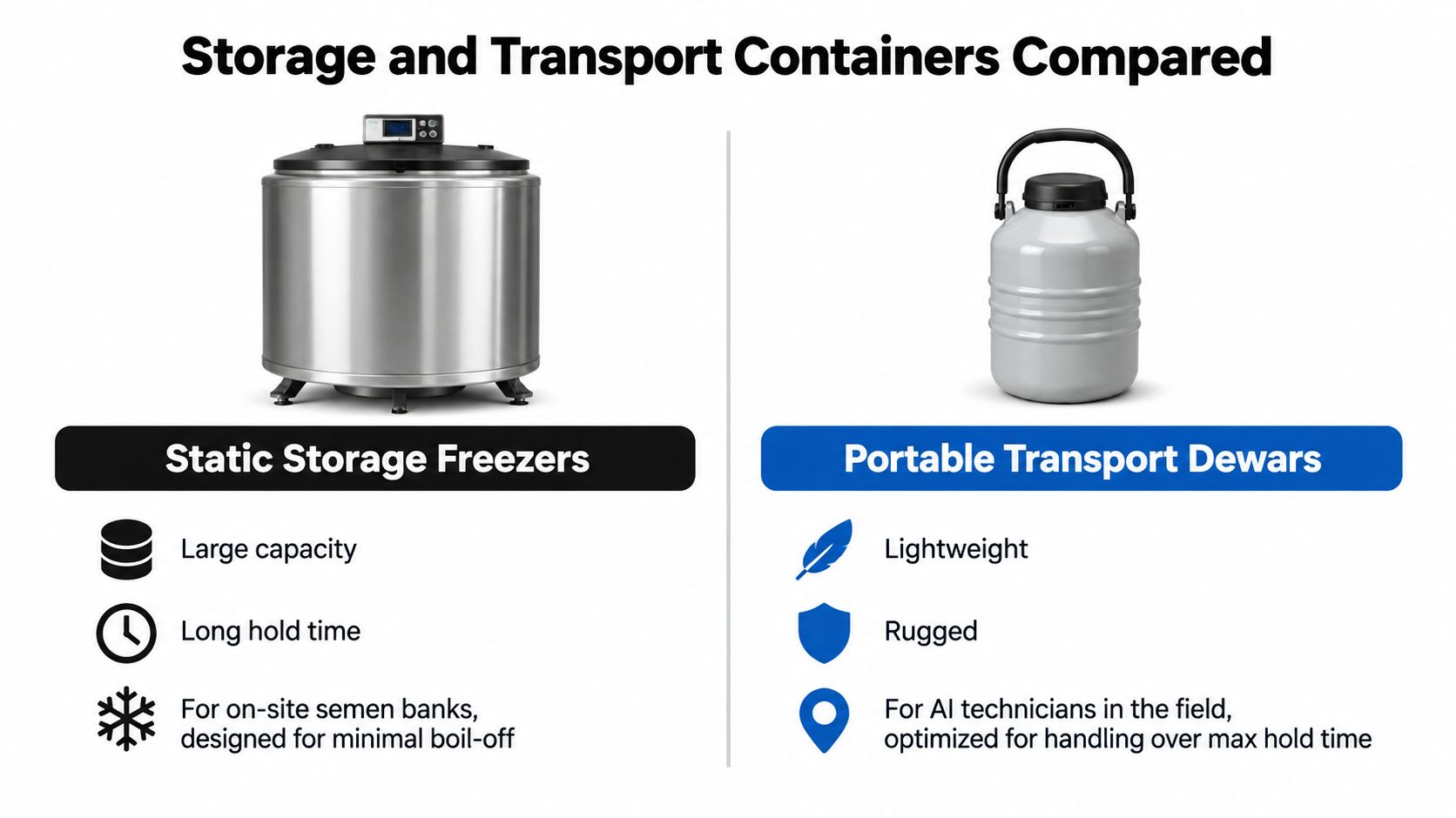 A comparison graphic showing static storage freezers versus portable transport dewars for cattle semen storage containers.