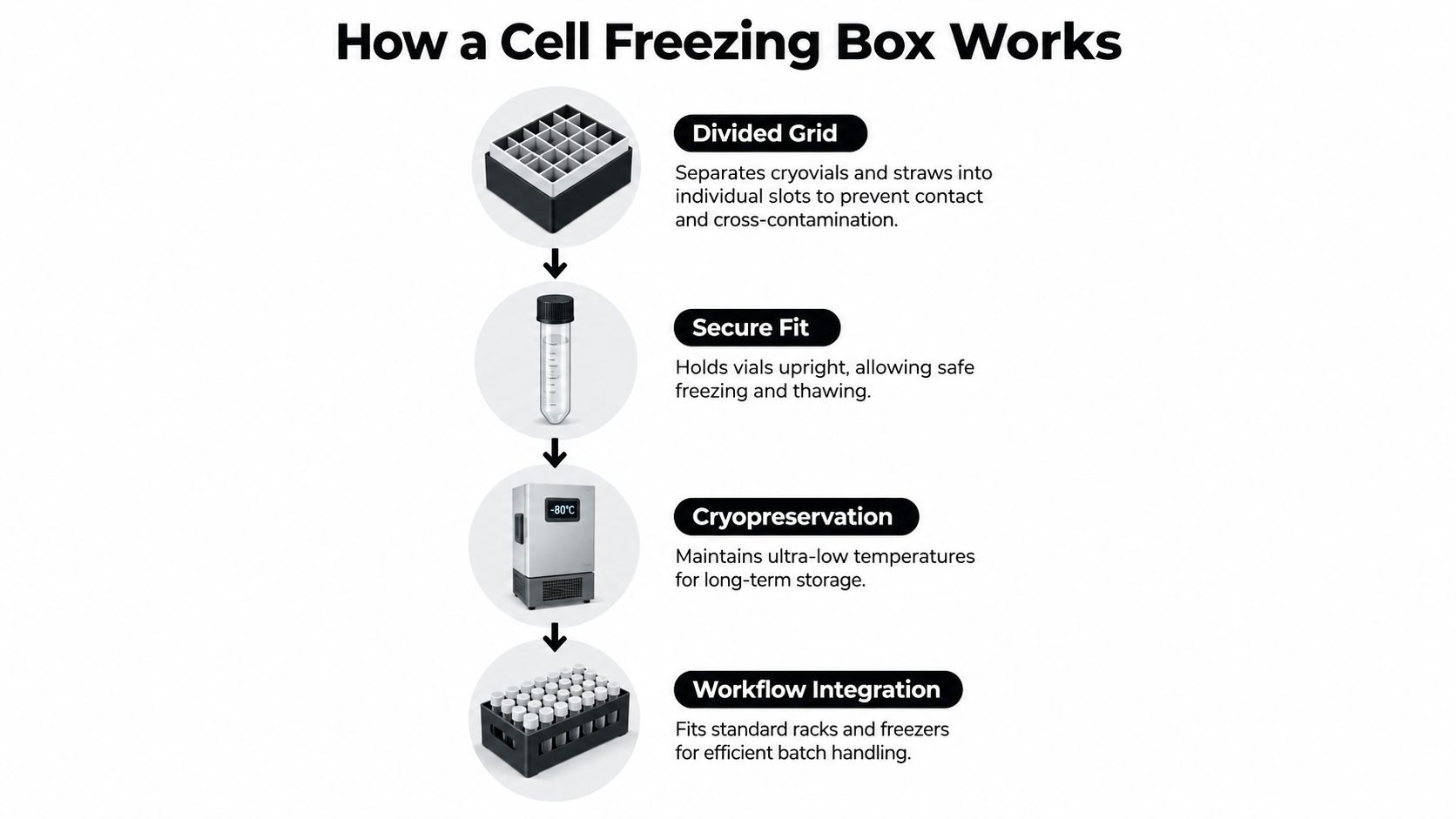 A diagram illustrating how a cell freezing box works for cryopreservation, including divided grids and secure storage.