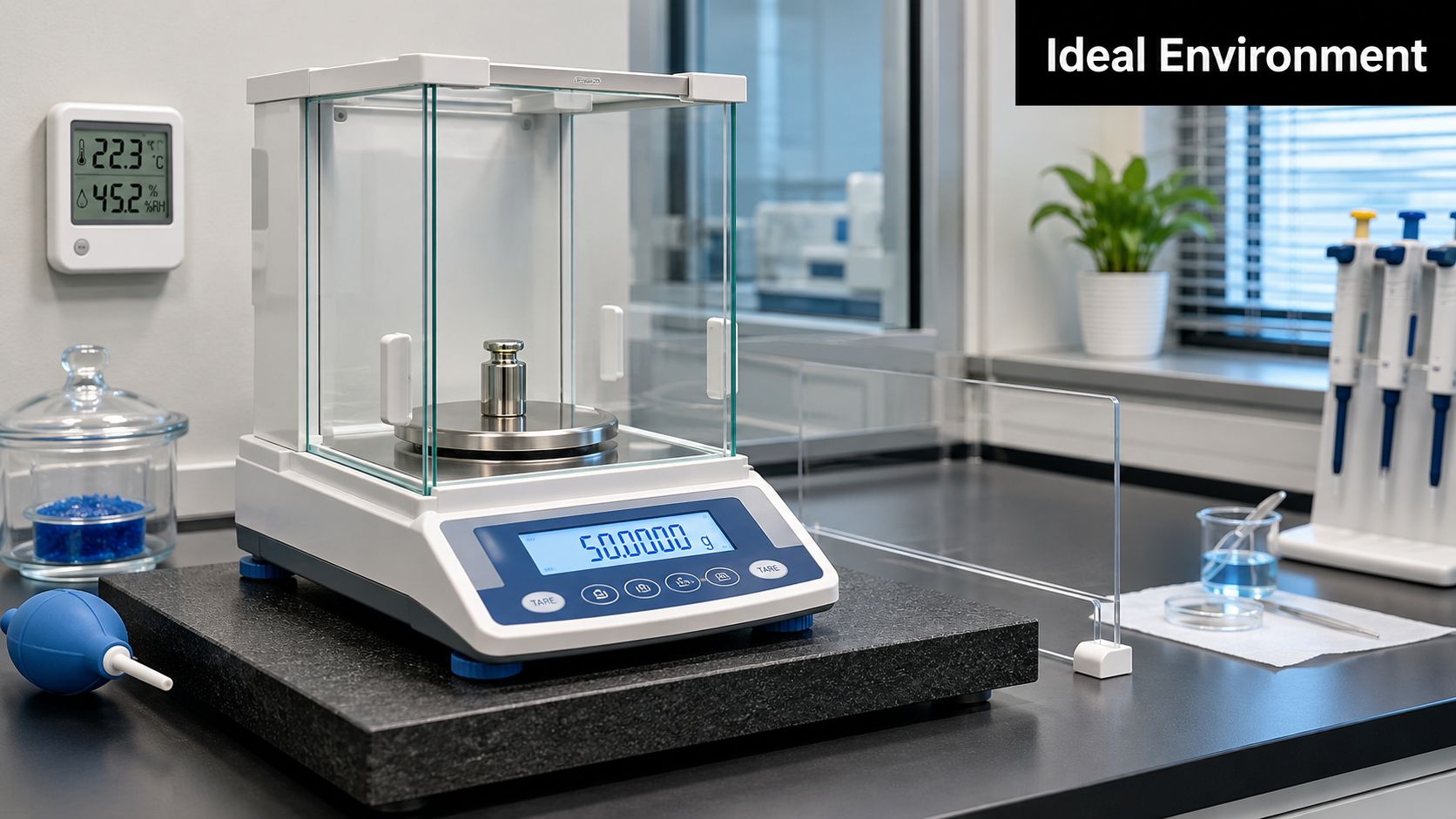 A high-precision laboratory analytical balance weighing a calibration weight inside a controlled lab environment.