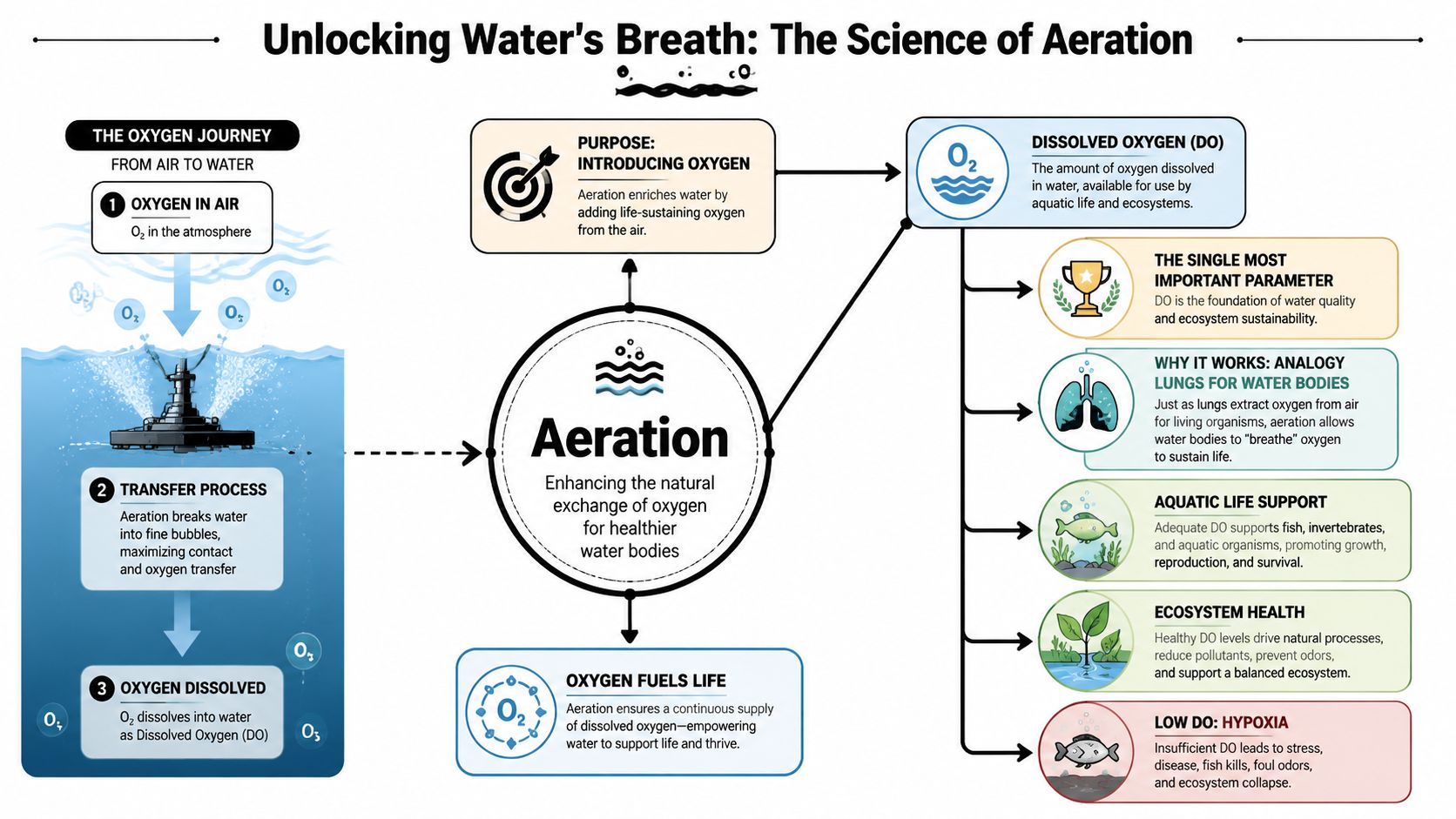 An educational infographic explaining the process and importance of aeration for maintaining healthy dissolved oxygen levels in water.