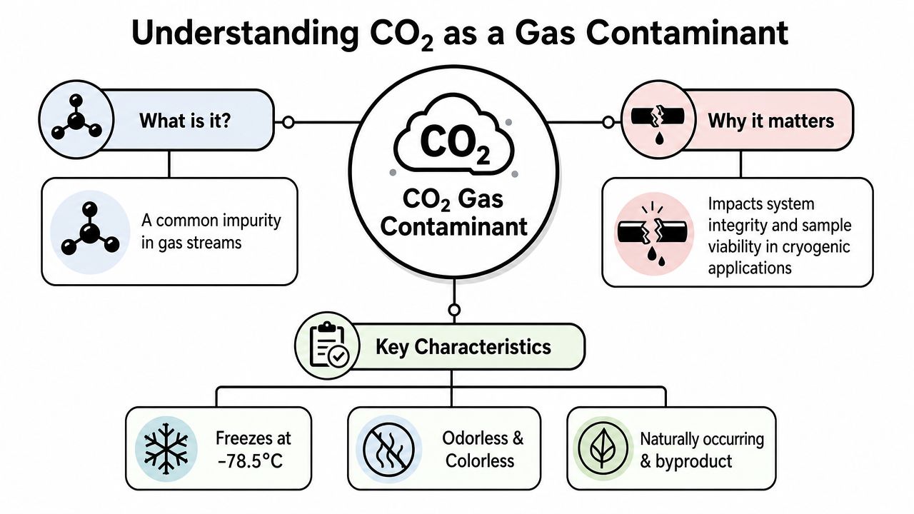 An infographic titled Understanding CO2 as a Gas Contaminant, explaining its definition, impact, and key characteristics.