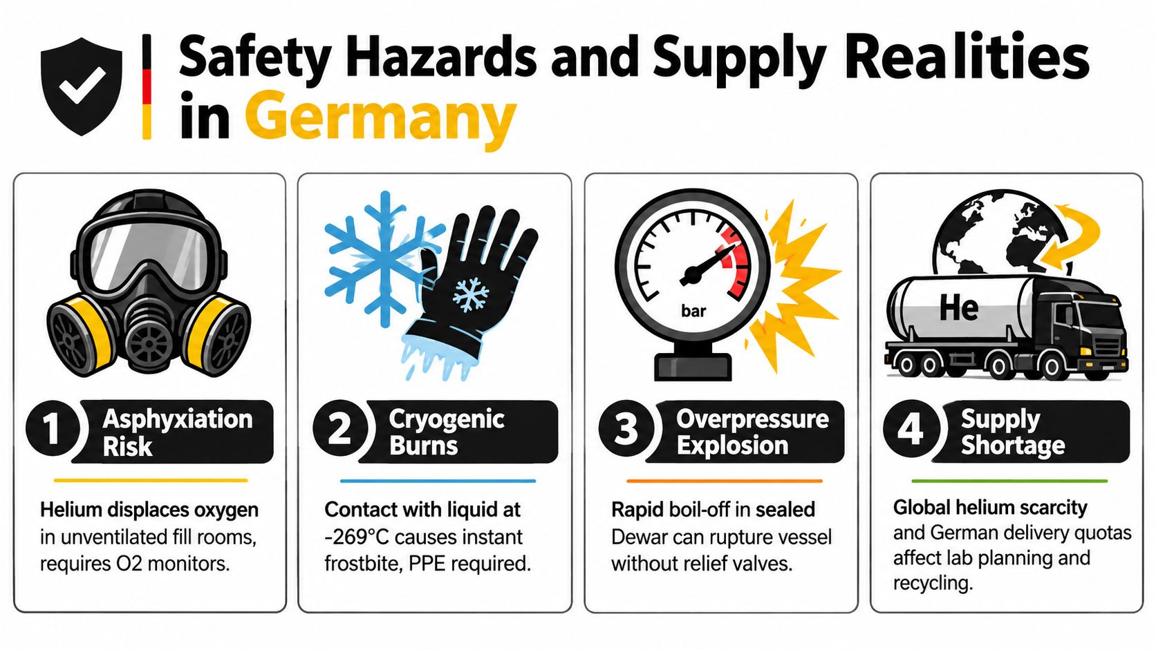An infographic detailing four safety hazards and supply issues related to liquid helium usage in Germany.