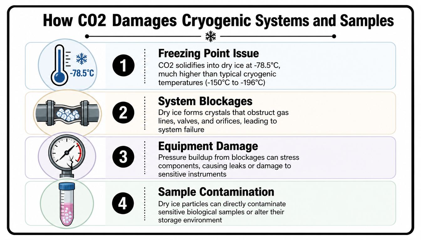 An infographic showing four steps of how CO2 contamination damages cryogenic systems and biological samples.