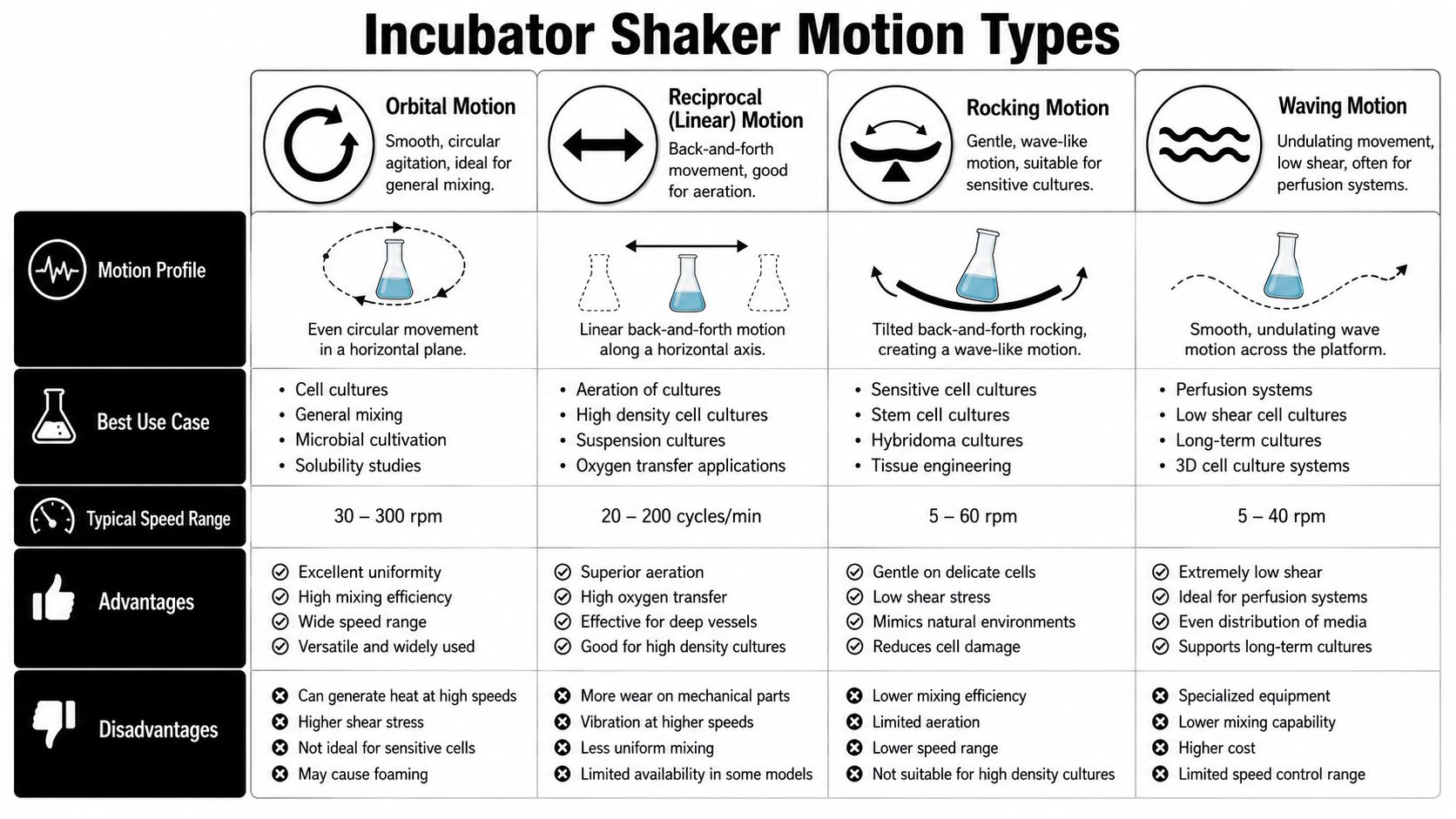 A comparison chart outlining the four main types of incubator shaker motions: orbital, reciprocal, rocking, and waving.