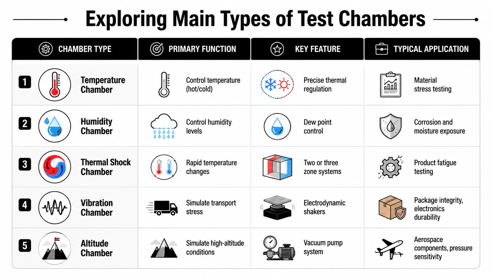 A table outlining the main types of environmental test chambers, their functions, features, and typical applications.