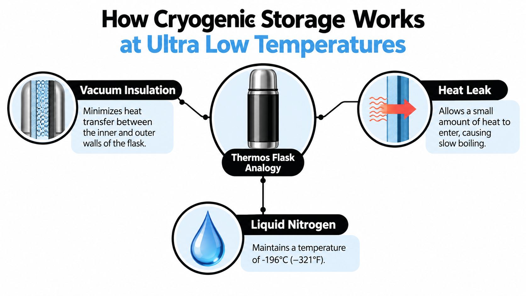 A diagram explaining cryogenic storage using a thermos flask analogy, vacuum insulation, heat leak, and liquid nitrogen.
