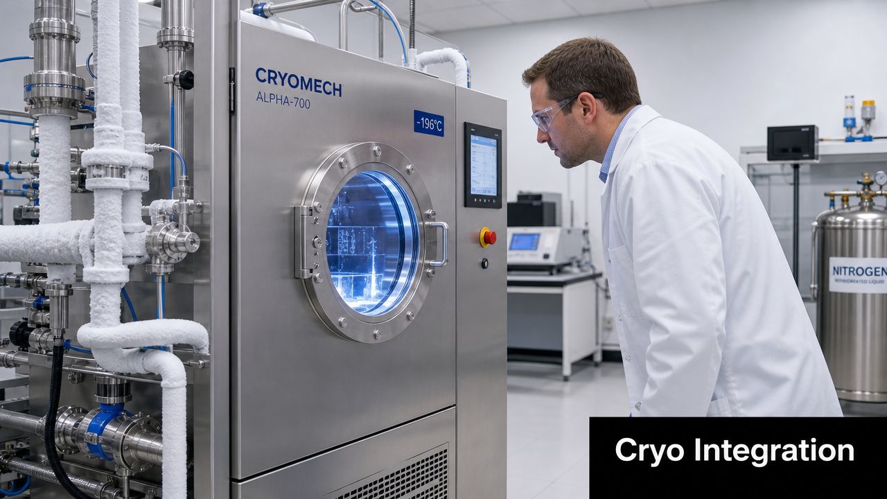 A scientist in a laboratory coat inspecting a Cryomech environmental test chamber in a sterile room.