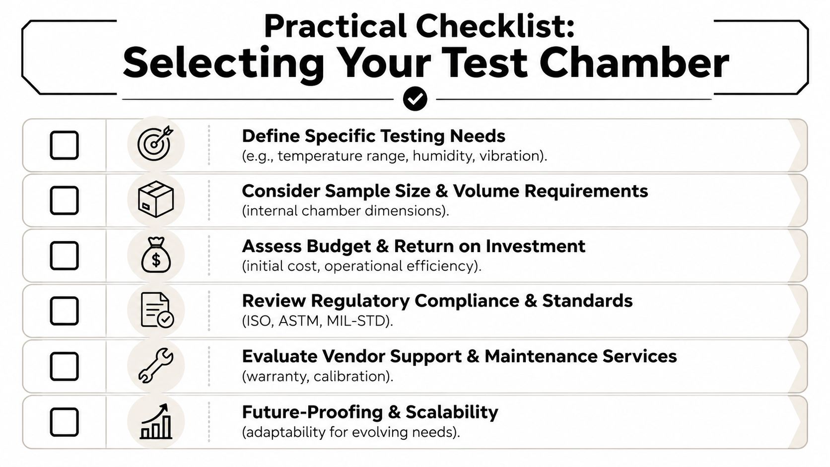 A practical checklist for selecting an environmental test chamber, listing six essential considerations for testing equipment.