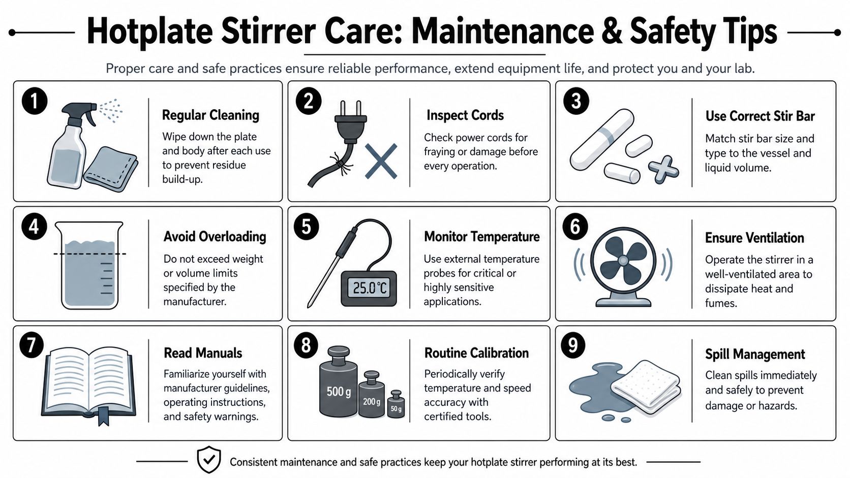 An infographic detailing nine essential maintenance and safety tips for operating laboratory hotplate stirrers effectively.