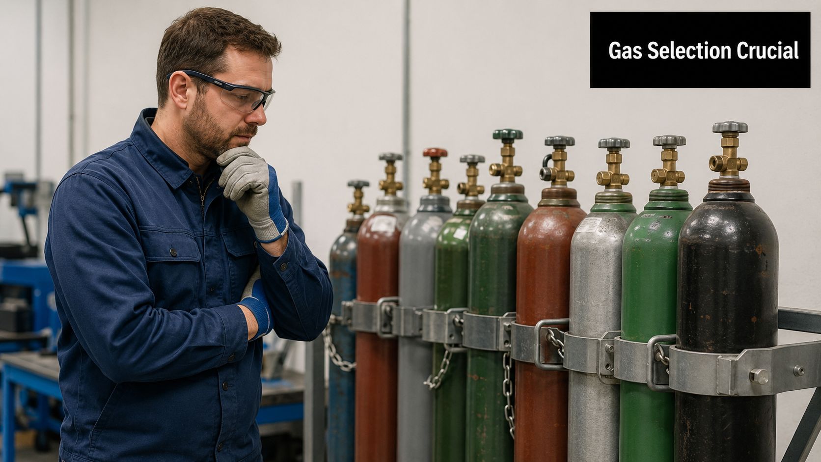 A professional welder thoughtfully examining a row of different colored gas cylinders in a workshop.