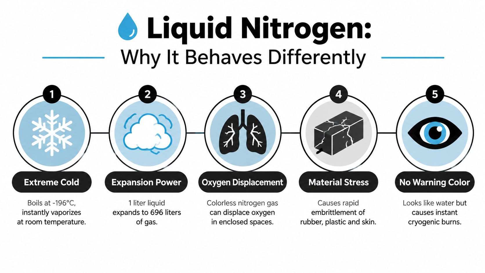 Eine Infografik mit dem Titel Liquid Nitrogen, die seine fünf unterschiedlichen Verhaltenseigenschaften mithilfe von Symbolen und kurzen Beschreibungen erklärt.